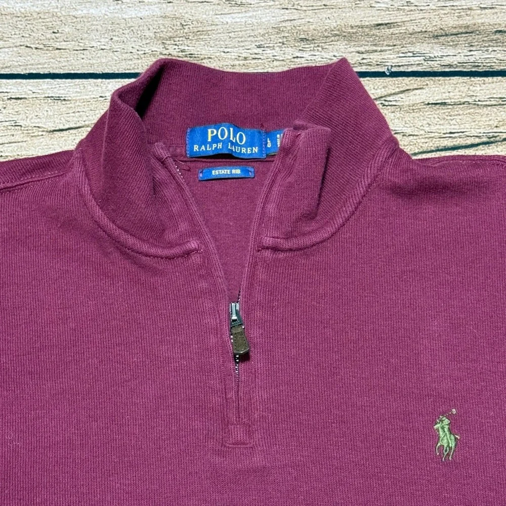 Polo Ralph Lauren Quarter Zip Men Large Burgundy Estate Rib Cotton Pullover